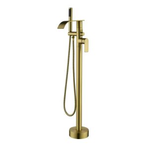 Brushed Gold Floor-Mounted Tub Filler with Hand Shower