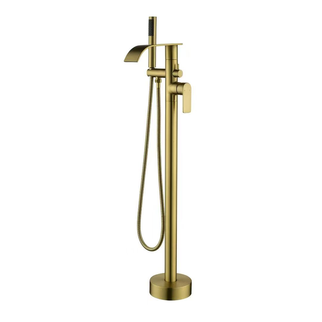 Brushed Gold Floor-Mounted Tub Filler with Hand Shower